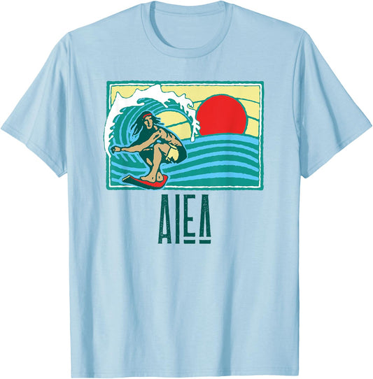 Aiea Hawaii Vintage Surfer & Wave Retro Graphic T-Shirt - T-Shirt | Light Blue