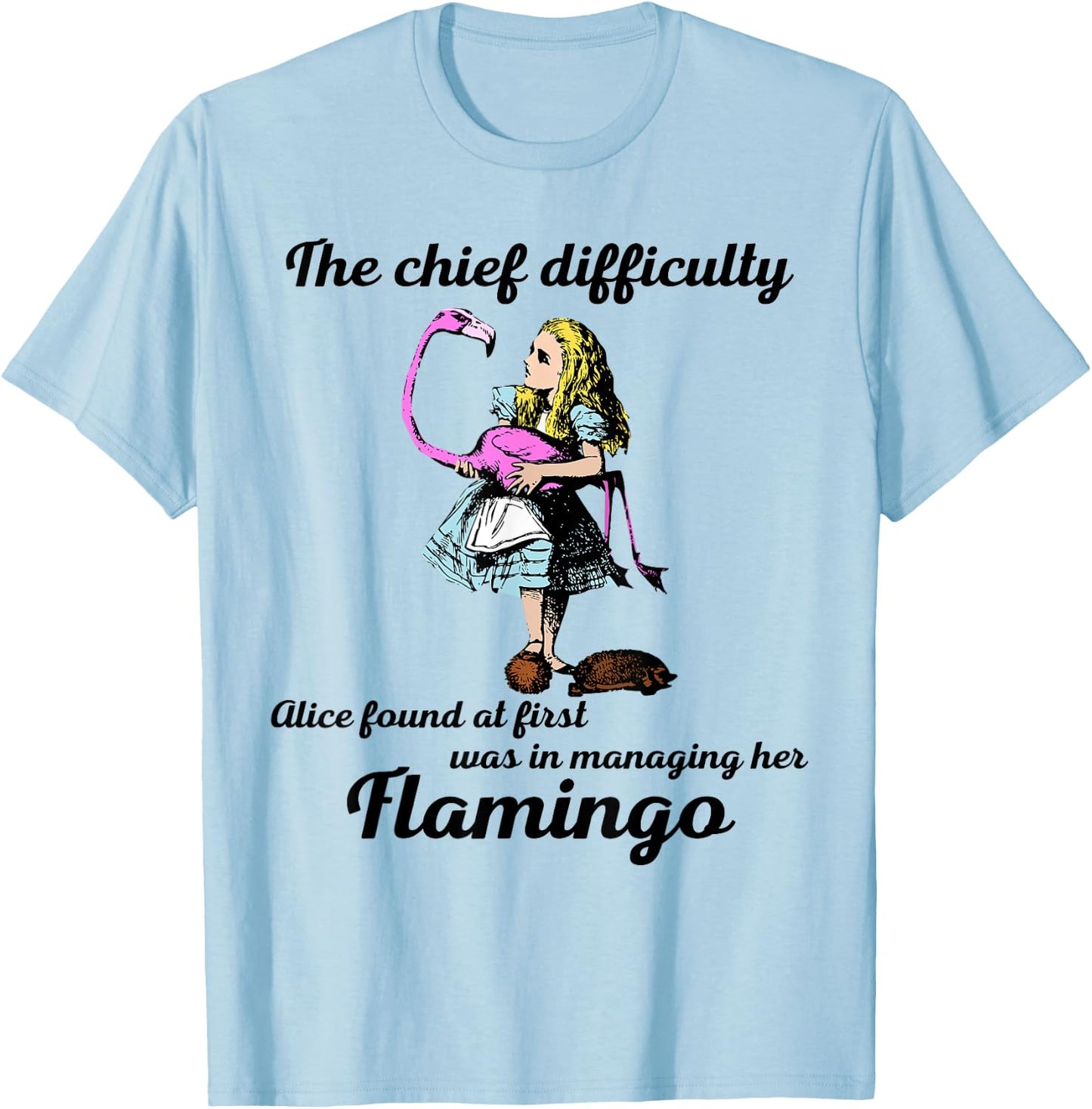 Alice Managing Flamingo Croquet Mallet And Hedgehog T Shirt T-Shirt - T-Shirt | Light Blue