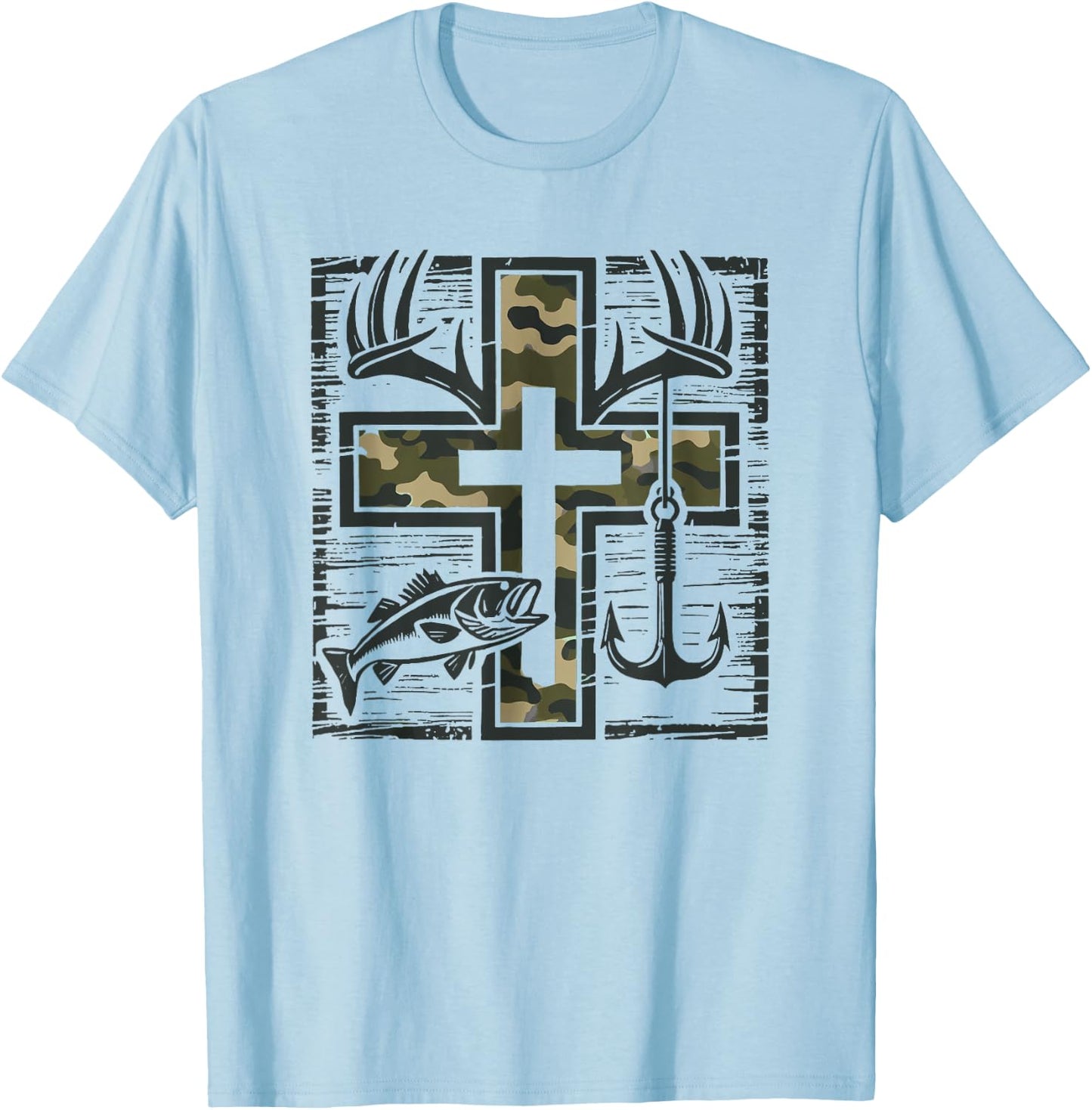 Jesus Camo Cross Shirt With Fish Christian Gift T-Shirt - T-Shirt | Light Blue