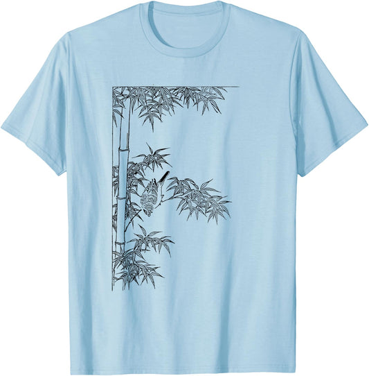 Picture of bamboo - bamboo plant with a bird T-Shirt - T-Shirt | Light Blue