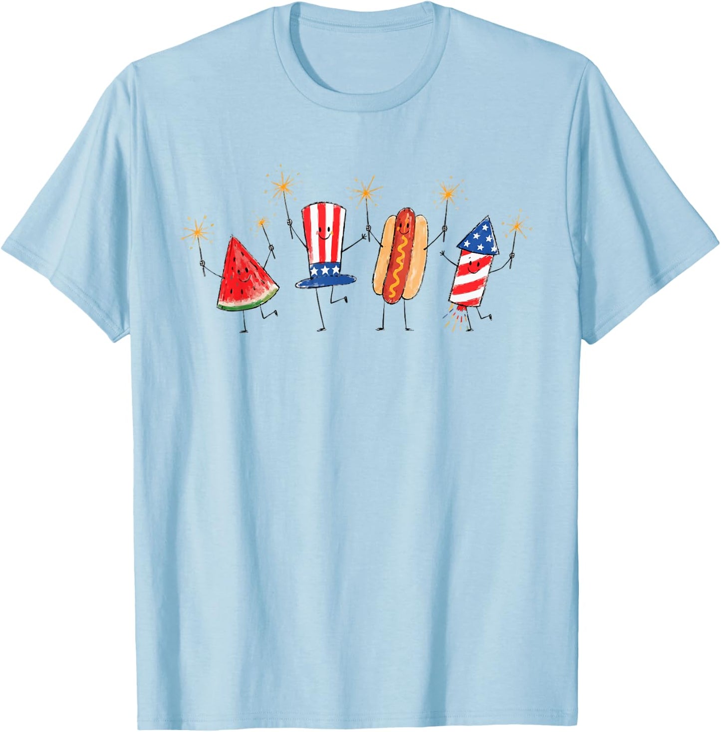 Cute Patriotic Doodle Watermelon Hotdog Firework 4th of July T-Shirt - T-Shirt | Light Blue