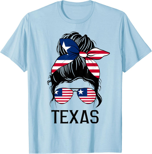 Messy Bun Texas State Flag Sunglasses Women Girls T-Shirt - T-Shirt | Light Blue