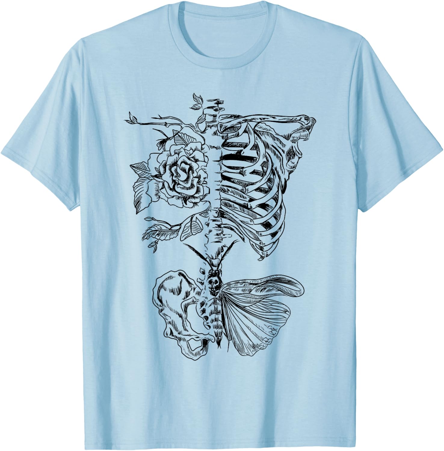 Ribcage Rose Butterfly Skeleton Tattoo Artist Shirt T-Shirt - T-Shirt | Light Blue