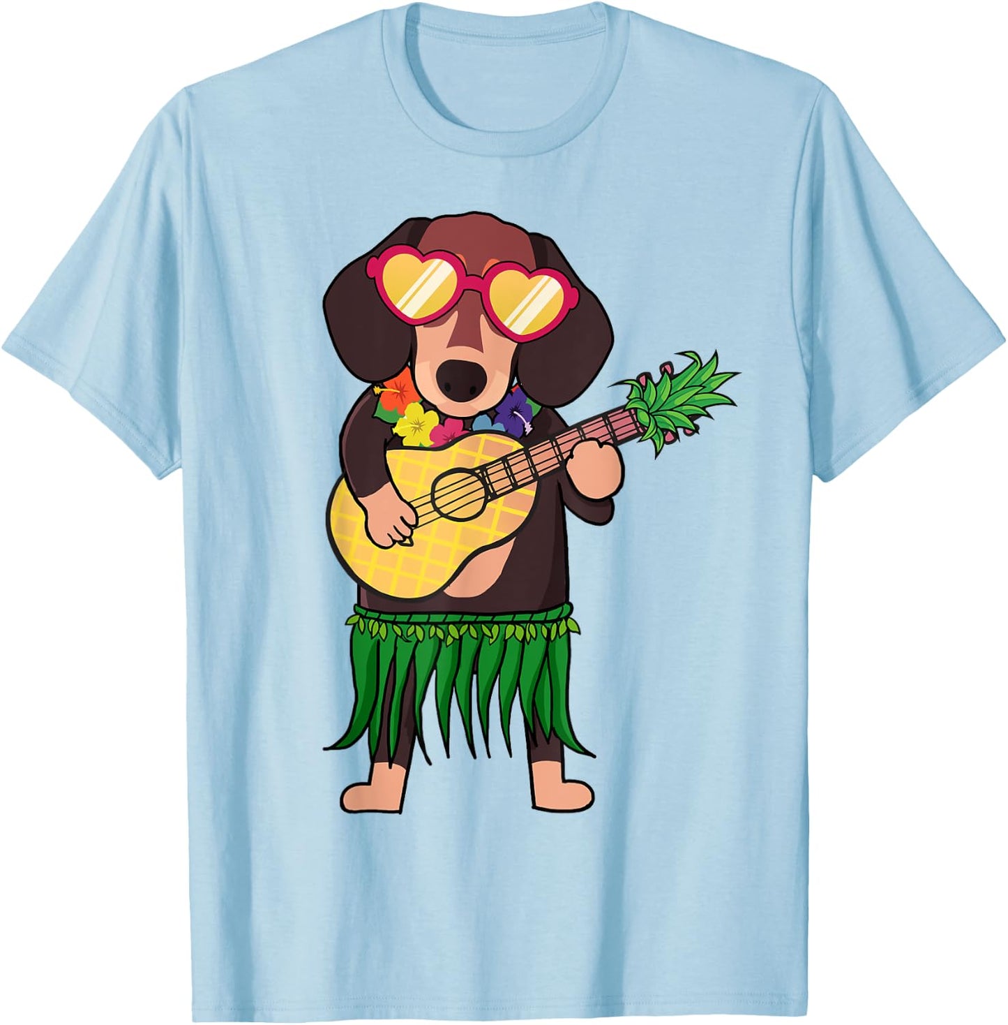 Dachshund Hawaiian Costume Playing Ukulele Summer Shirt Women Kids T-Shirt - T-Shirt | Light Blue