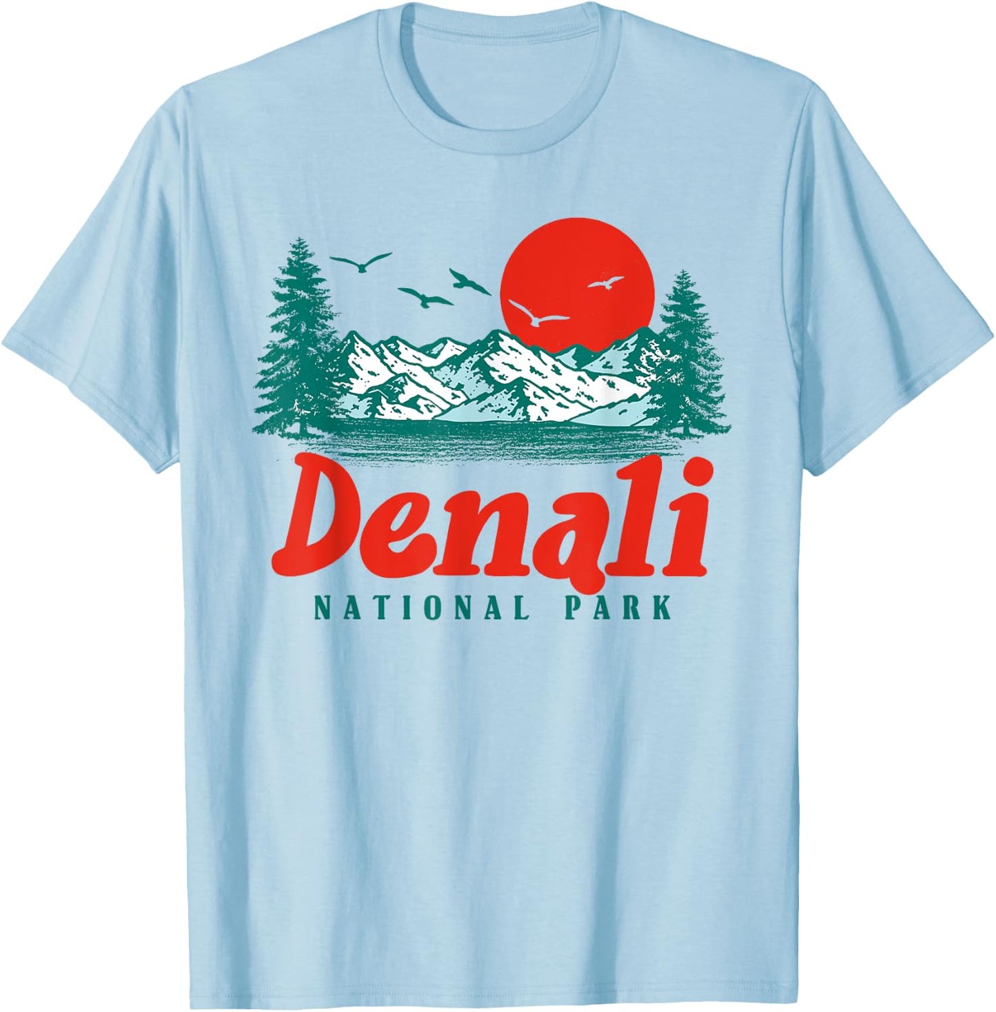 Retro Denali National Park Mountain Trees & Sun Graphic T-Shirt - T-Shirt | Light Blue
