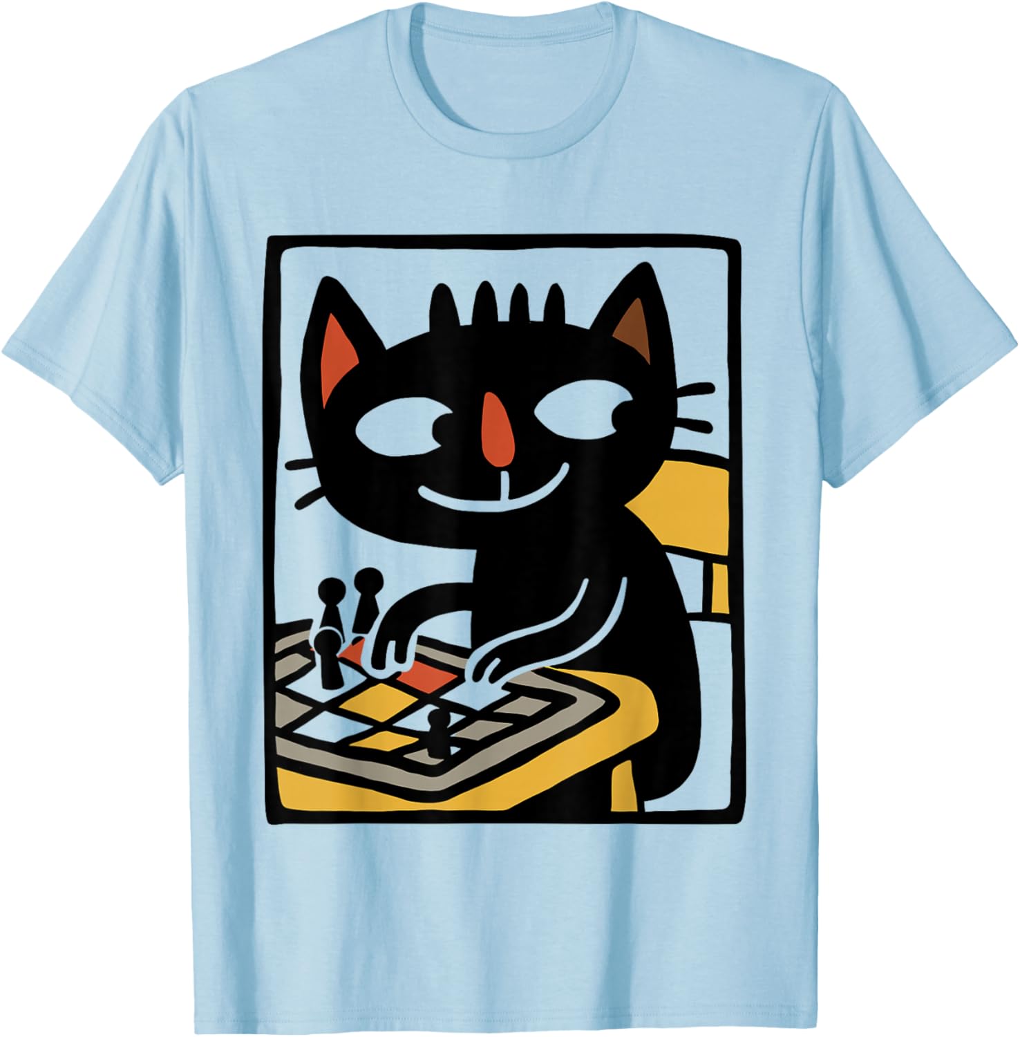 Black Cat Playing Board Game Illustration Funny Game Night T-Shirt - T-Shirt | Light Blue