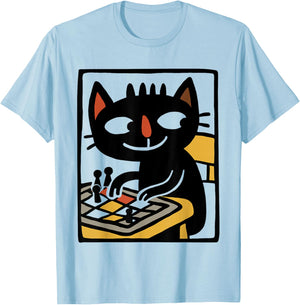 Black Cat Playing Board Game Illustration Funny Game Night T-Shirt - T-Shirt | Light Blue