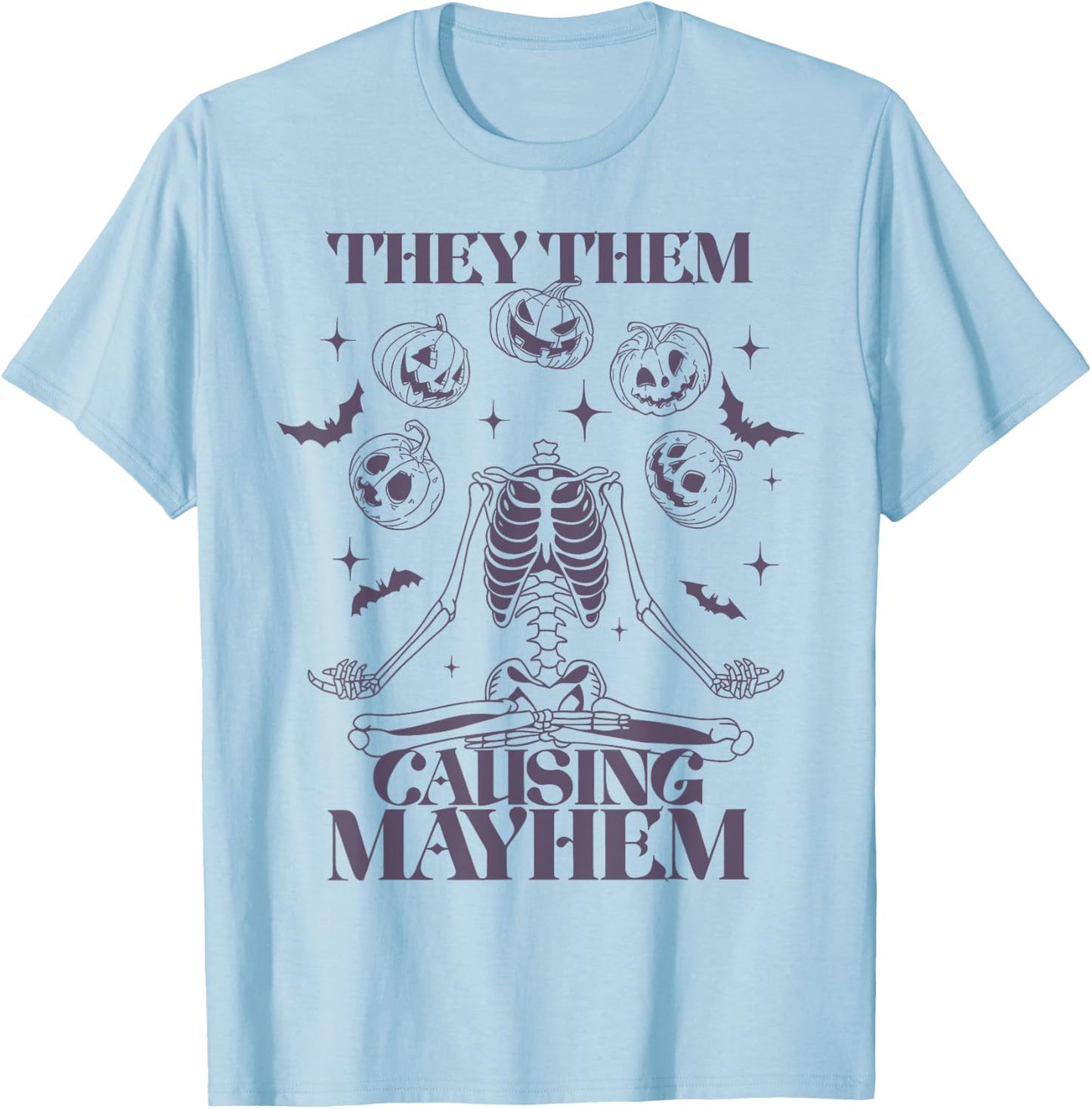 They Them Causing Mayhem Skeleton Boho Halloween Non Binary T-Shirt - T-Shirt | Light Blue