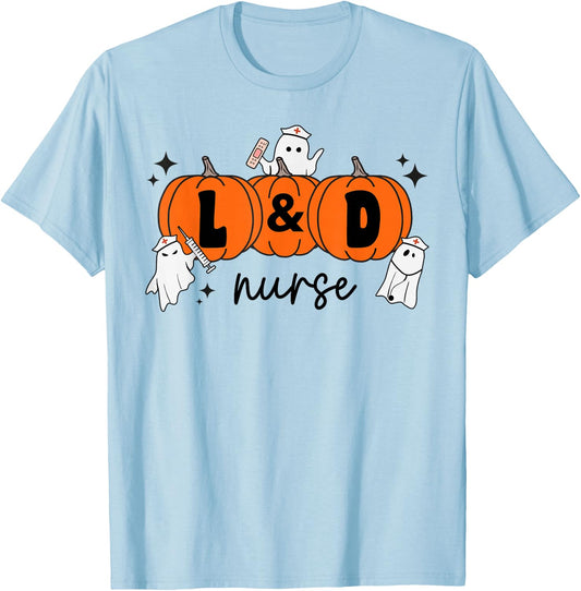 L&D Nurse Crew Ghost Pumpkin Labor and Delivery Halloween T-Shirt - T-Shirt | Light Blue