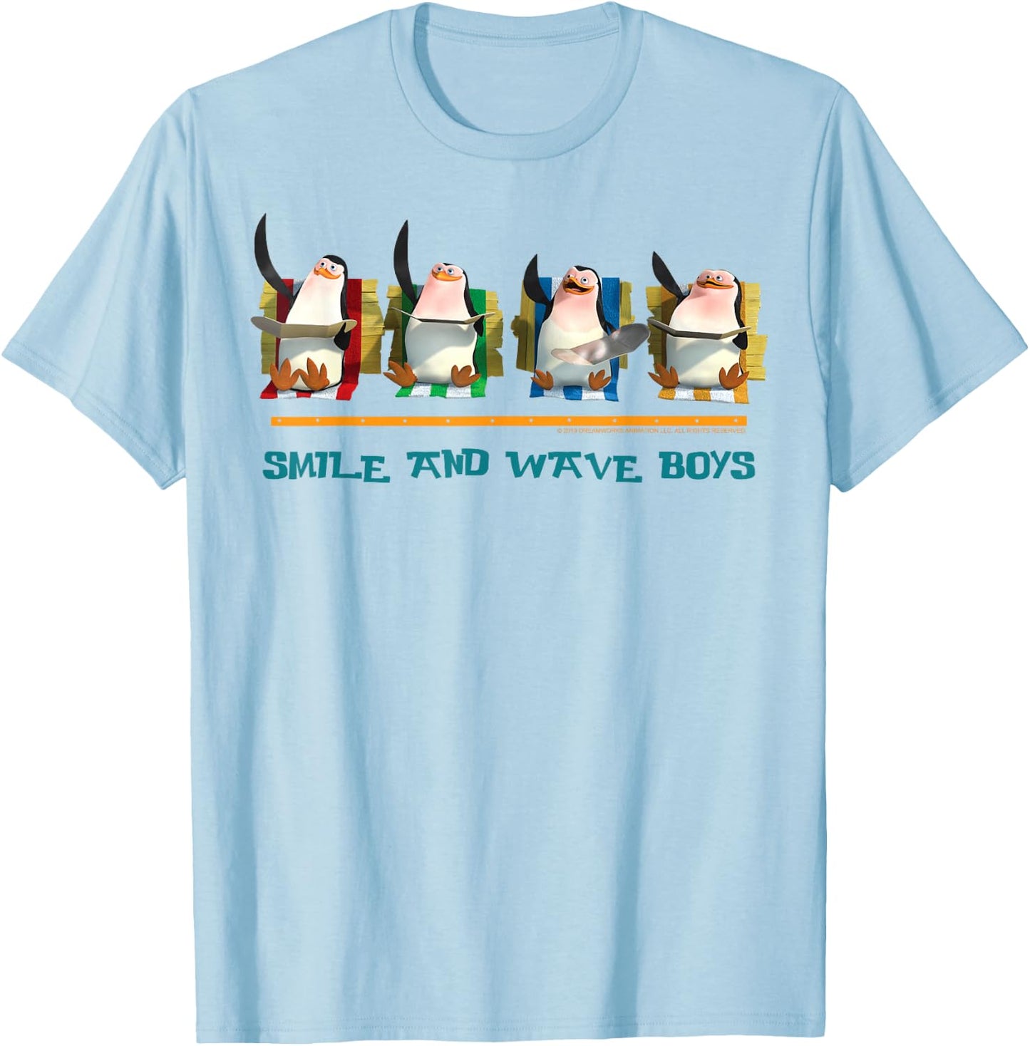 Madagascar Penguins Smile And Wave Text Poster T-Shirt - T-Shirt | Light Blue