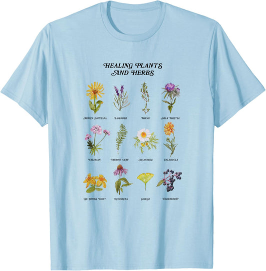 Healing Plants and Herbs Wild Flower Bohemian Garden T-Shirt - T-Shirt | Light Blue