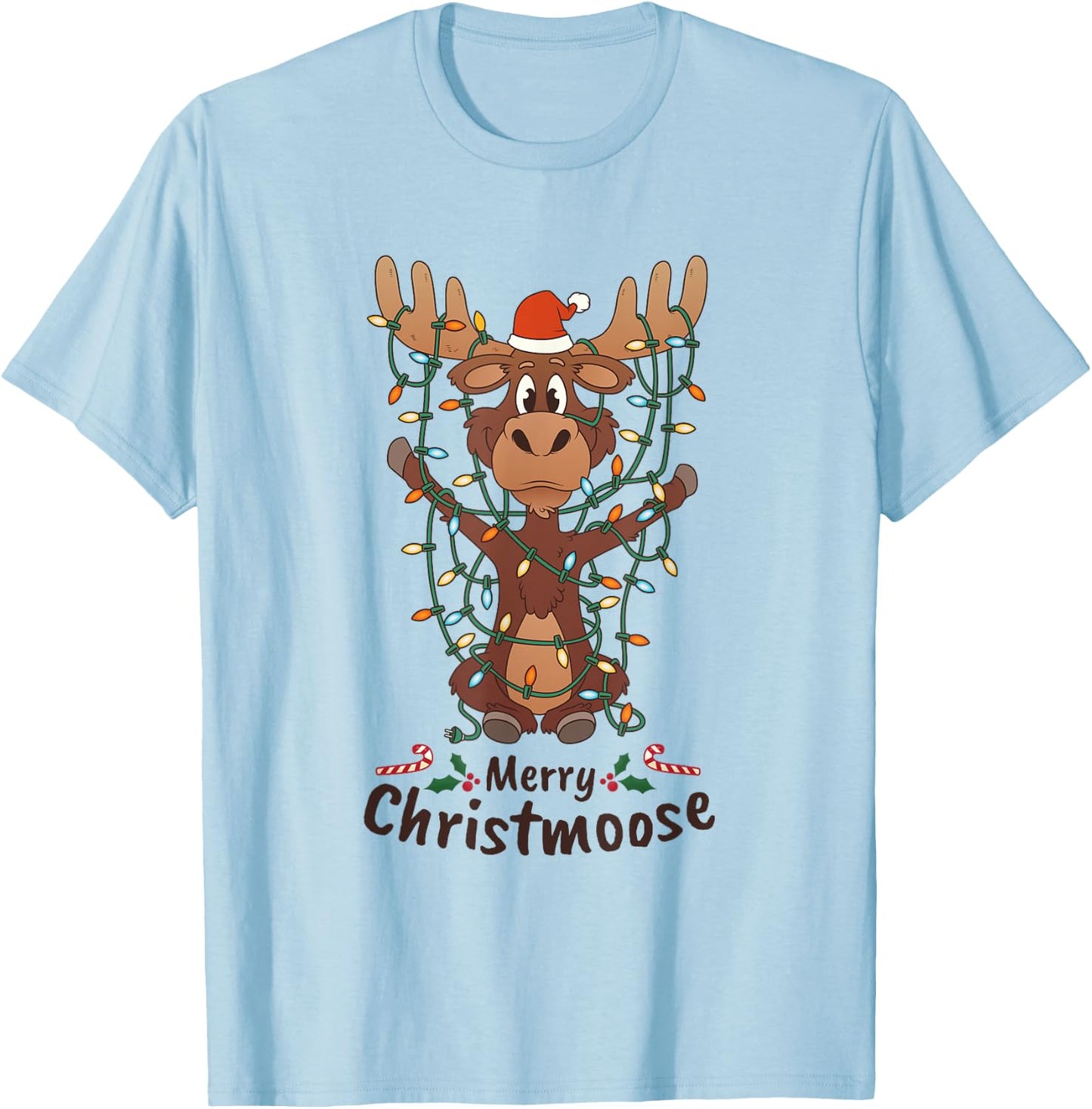 Merry Christmoose Christmas Moose Xmas Tree Lights Gift T-Shirt - T-Shirt | Light Blue