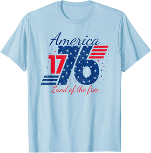 Retro America 1776 Land of The Free Patriotic 4th of July T-Shirt - T-Shirt | Light Blue