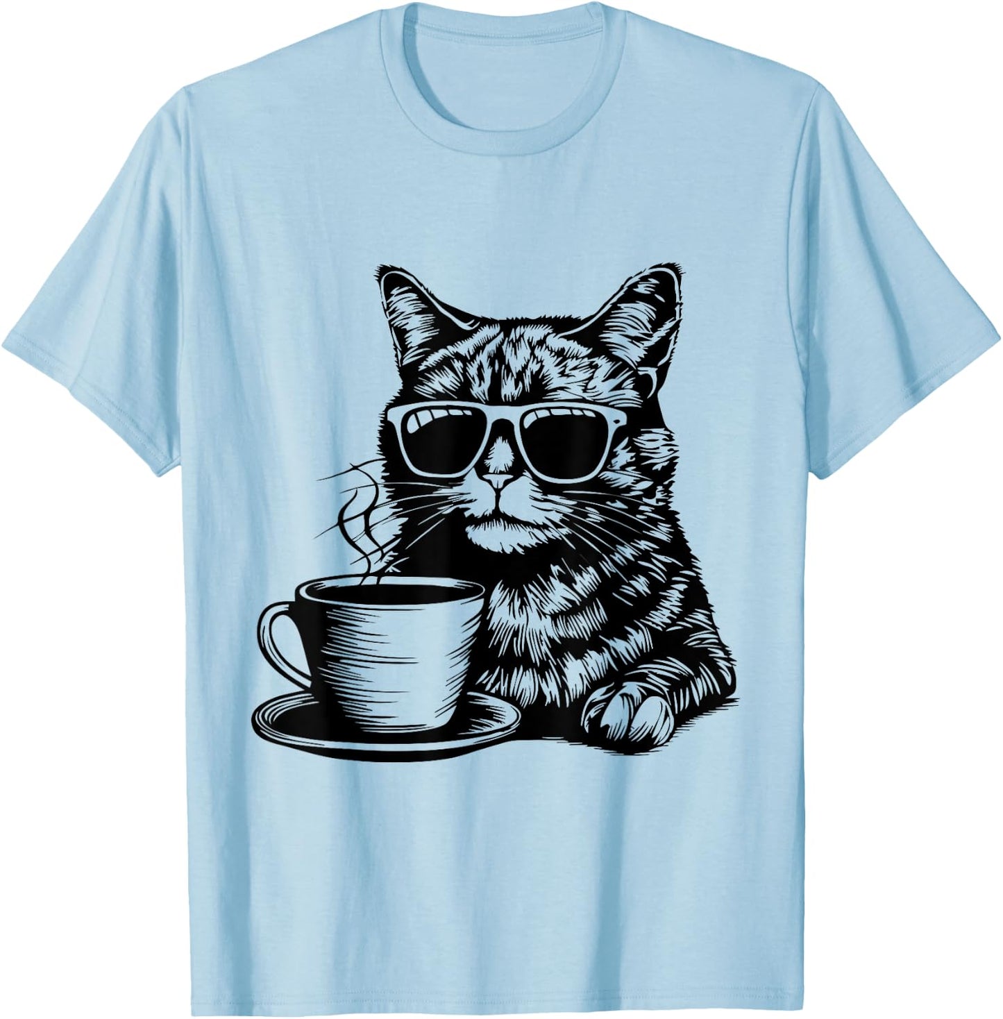 Cat Drinking Coffee | Fun and Quirky Feline Art Design T-Shirt - T-Shirt | Light Blue