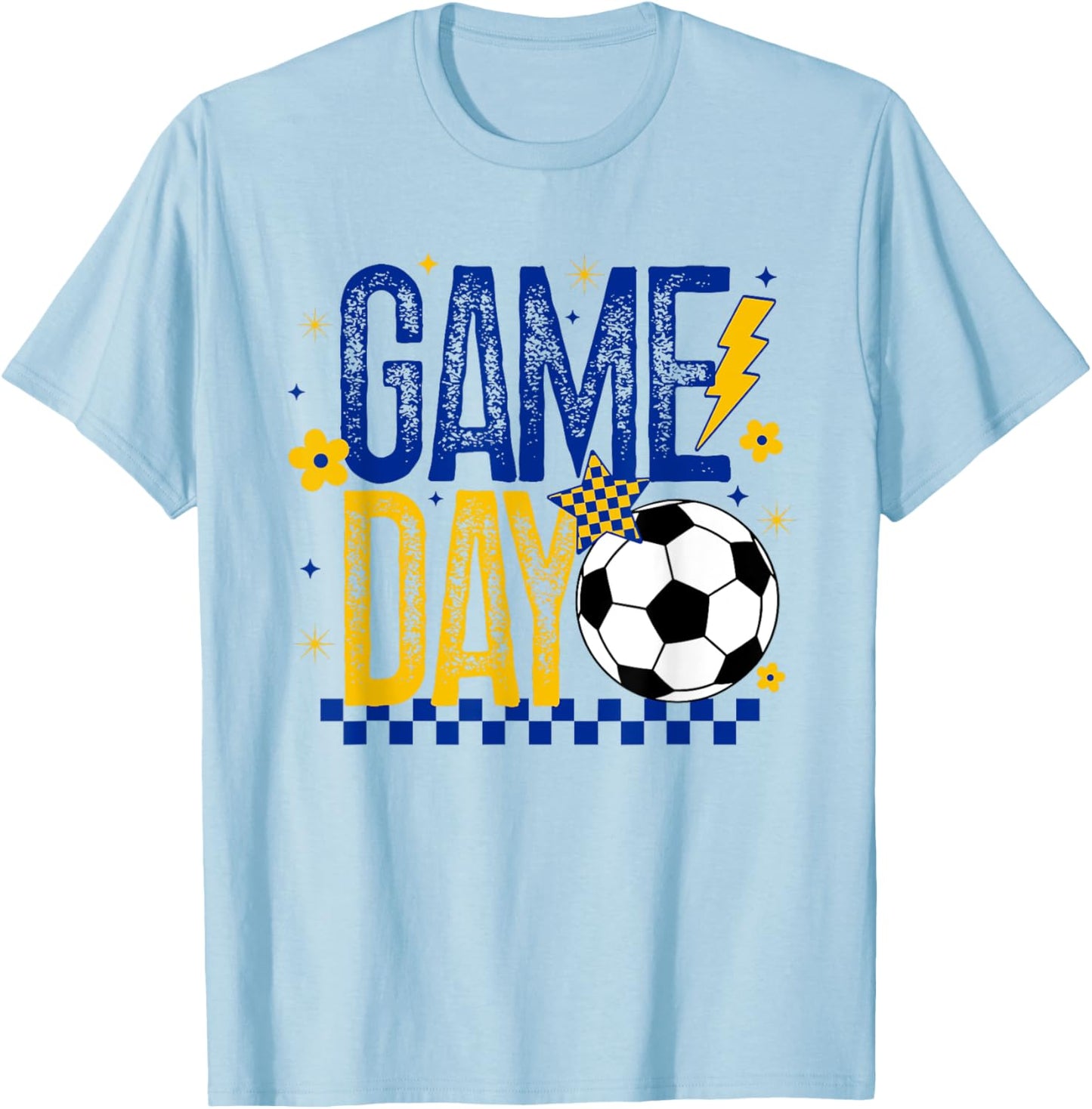 Game Day Soccer Season Retro Blue Gold Checkered Lightning T-Shirt - T-Shirt | Light Blue