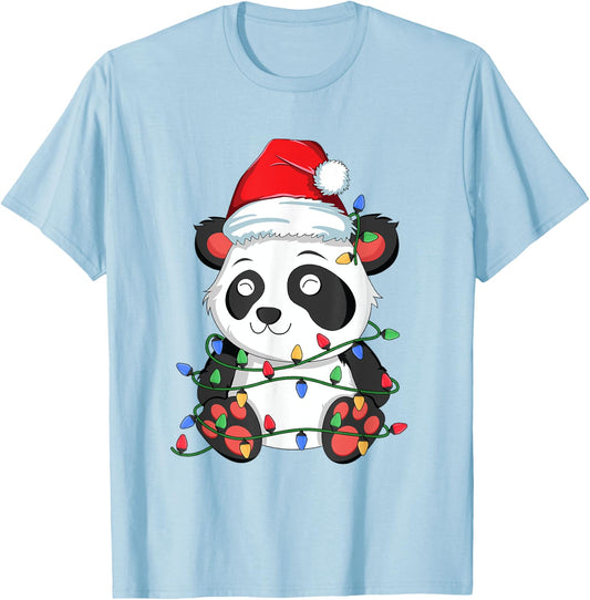 Panda Christmas Tree Lights Kawaii Bear Xmas Kids Boys Girls T-Shirt - T-Shirt | Light Blue