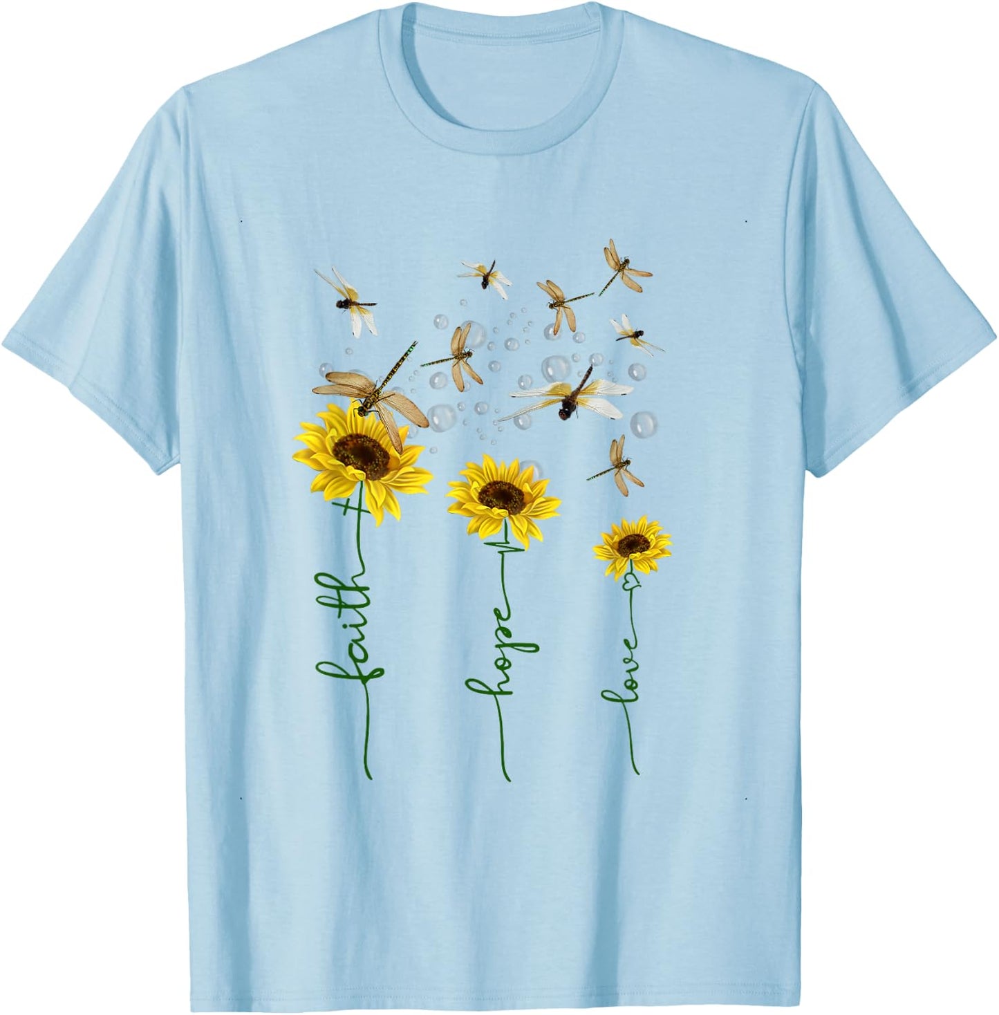 Faith Hope Love Sunflower Dragonfly Christian Gift T-Shirt - T-Shirt | Light Blue