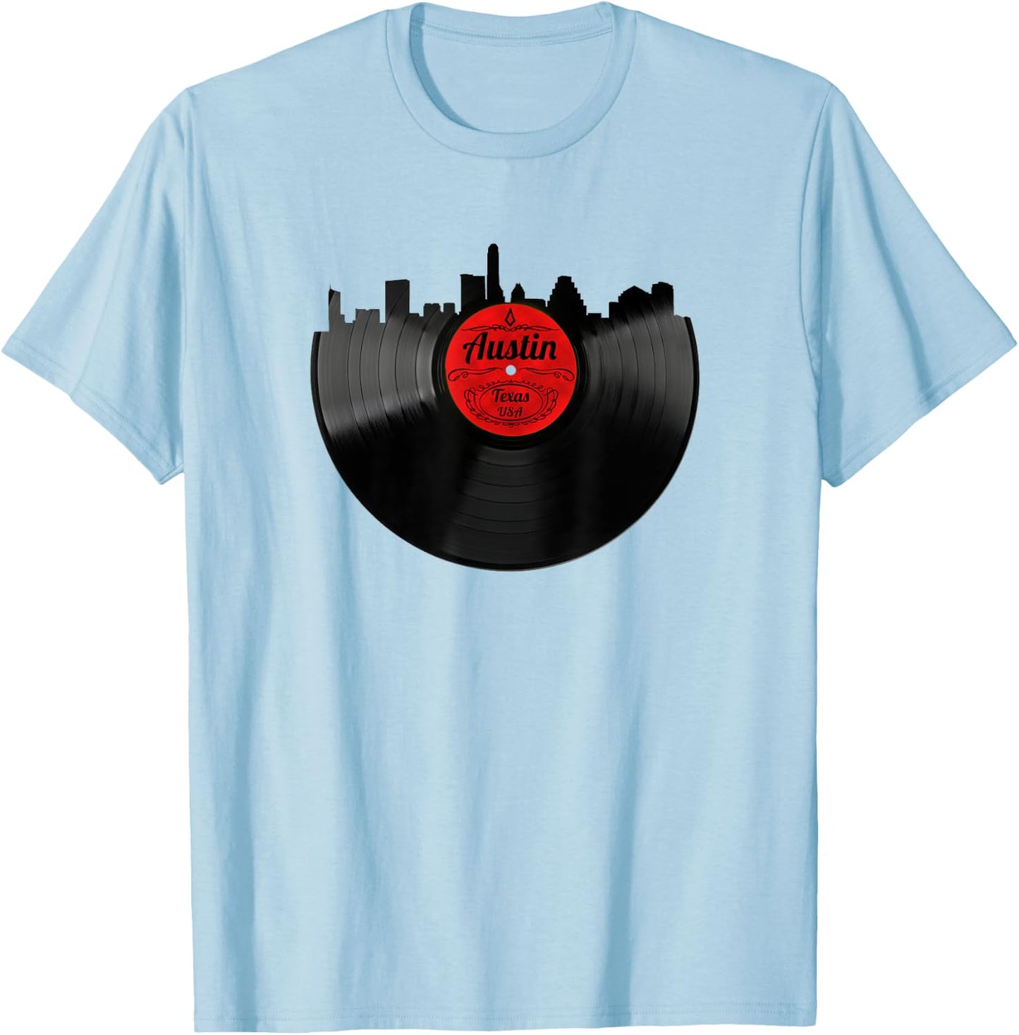 Austin Texas Vinyl Record Shirt Hipster Austin Skyline Shirt T-Shirt - T-Shirt | Light Blue