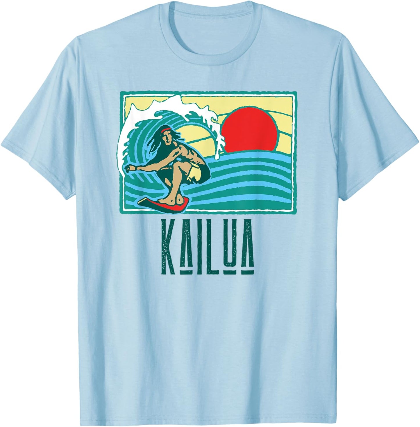 Kailua Hawaii Vintage Surfer & Wave Retro Graphic T-Shirt - T-Shirt | Light Blue