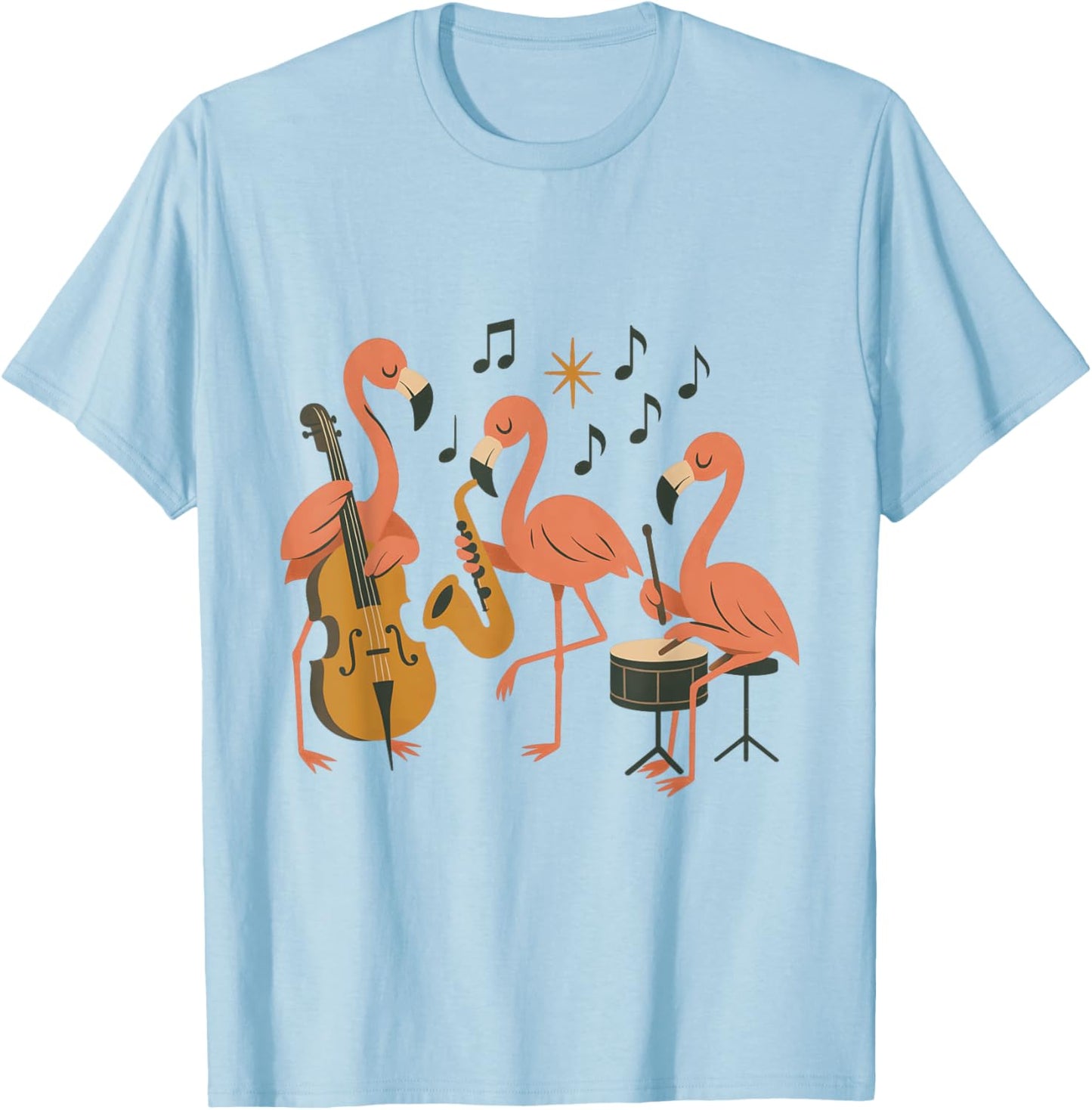 Funny Cartoon Flamingo Jazz Band Animal Music Graphic T-Shirt - T-Shirt | Light Blue