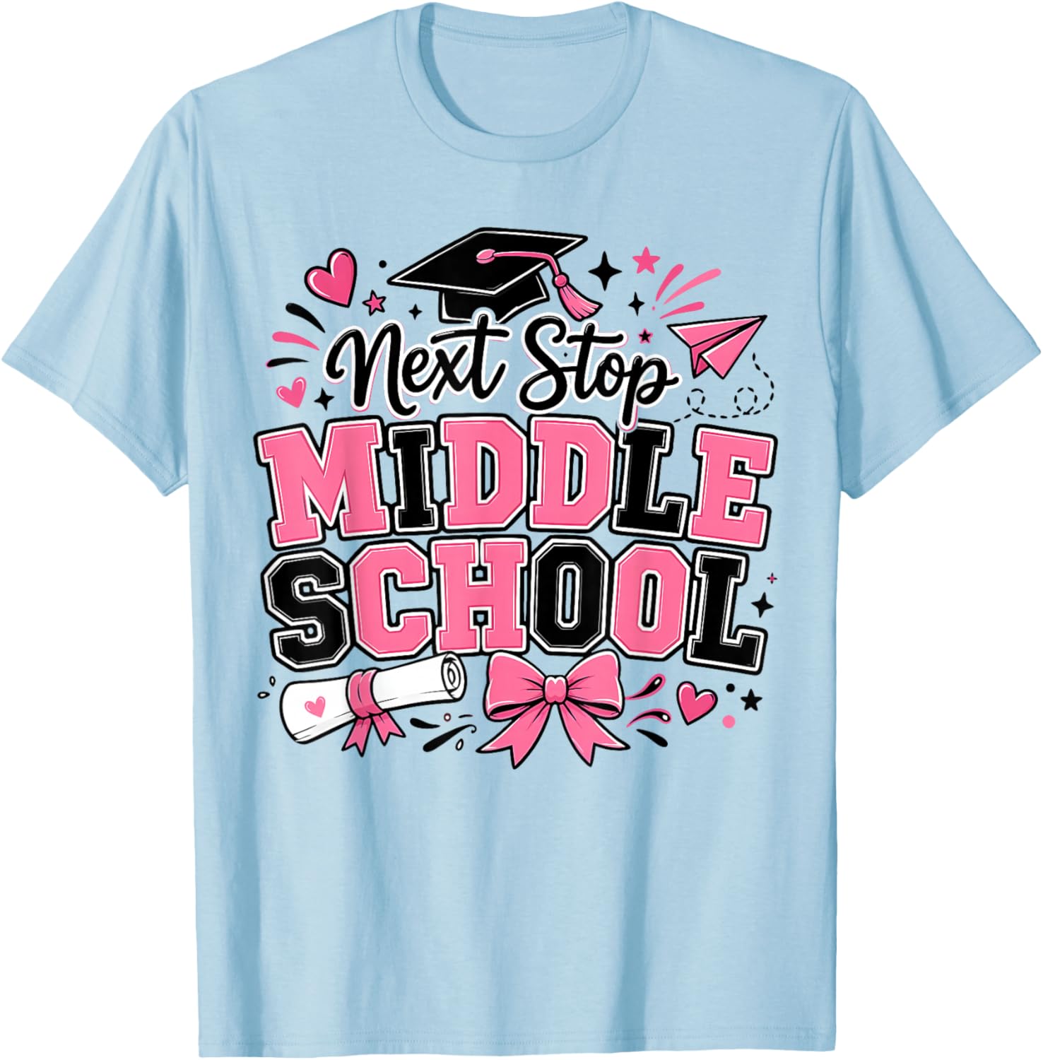 Next Stop Middle School 5th Grade Graduation Pink Bow Girl T-Shirt - T-Shirt | Light Blue