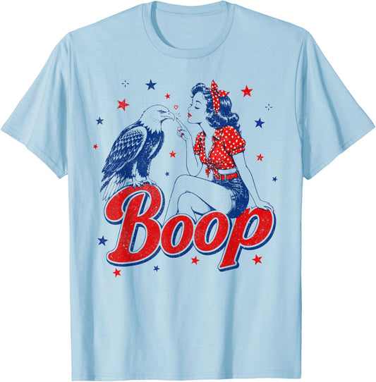 Boop Vintage USA Girl and Eagle Funny 4th of July 2026 T-Shirt - T-Shirt | Light Blue