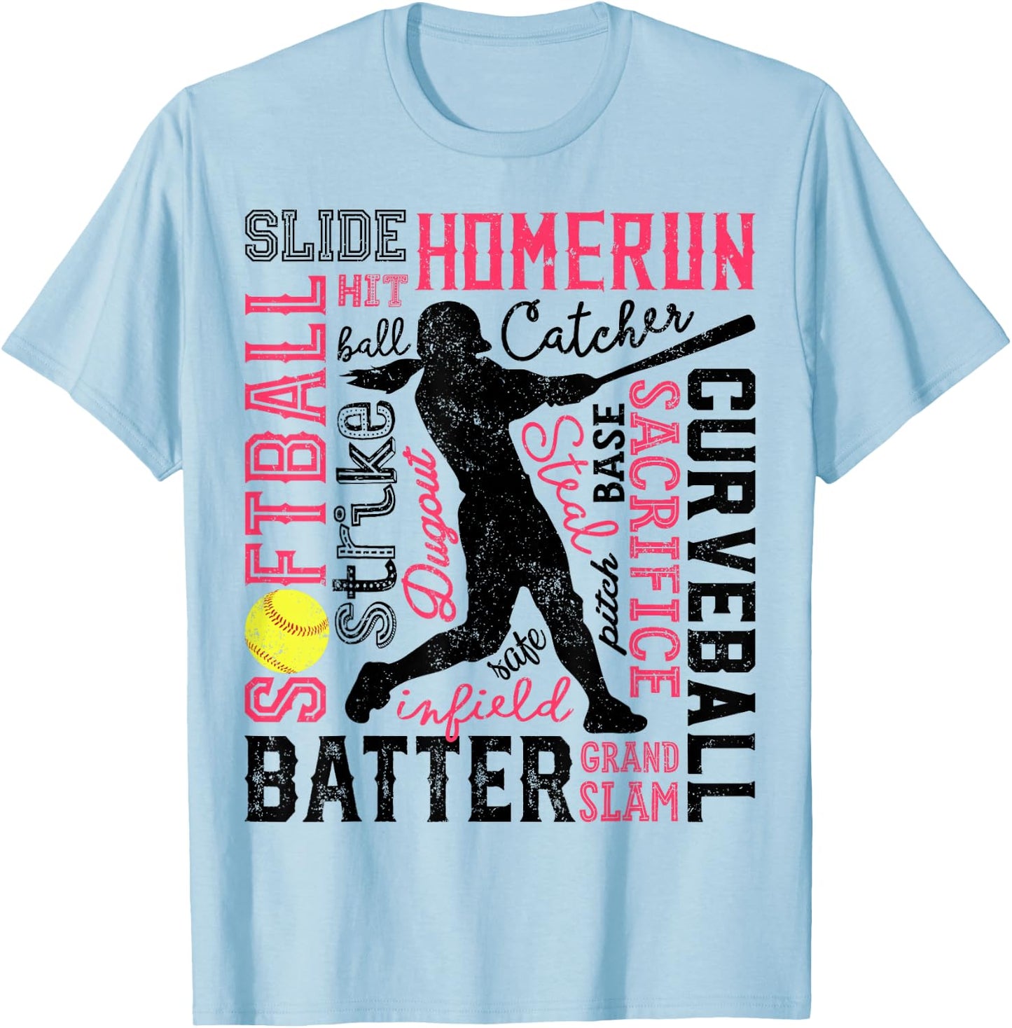 Softball Typography Word Art Funny Batter Pitcher Catcher T-Shirt - T-Shirt | Light Blue