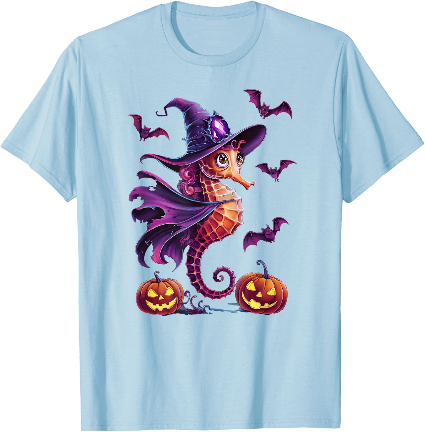 Aquarium Fish Tank Magical Seahorse with Halloween Pumpkins T-Shirt - T-Shirt | Light Blue