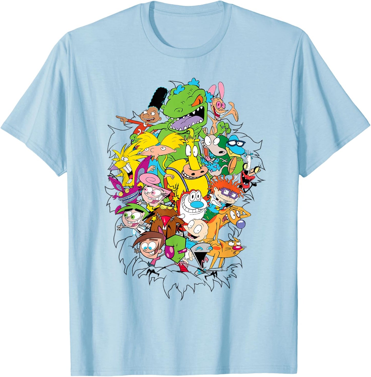 Nickelodeon Classic Characters Bursting Through T-Shirt - T-Shirt | Light Blue