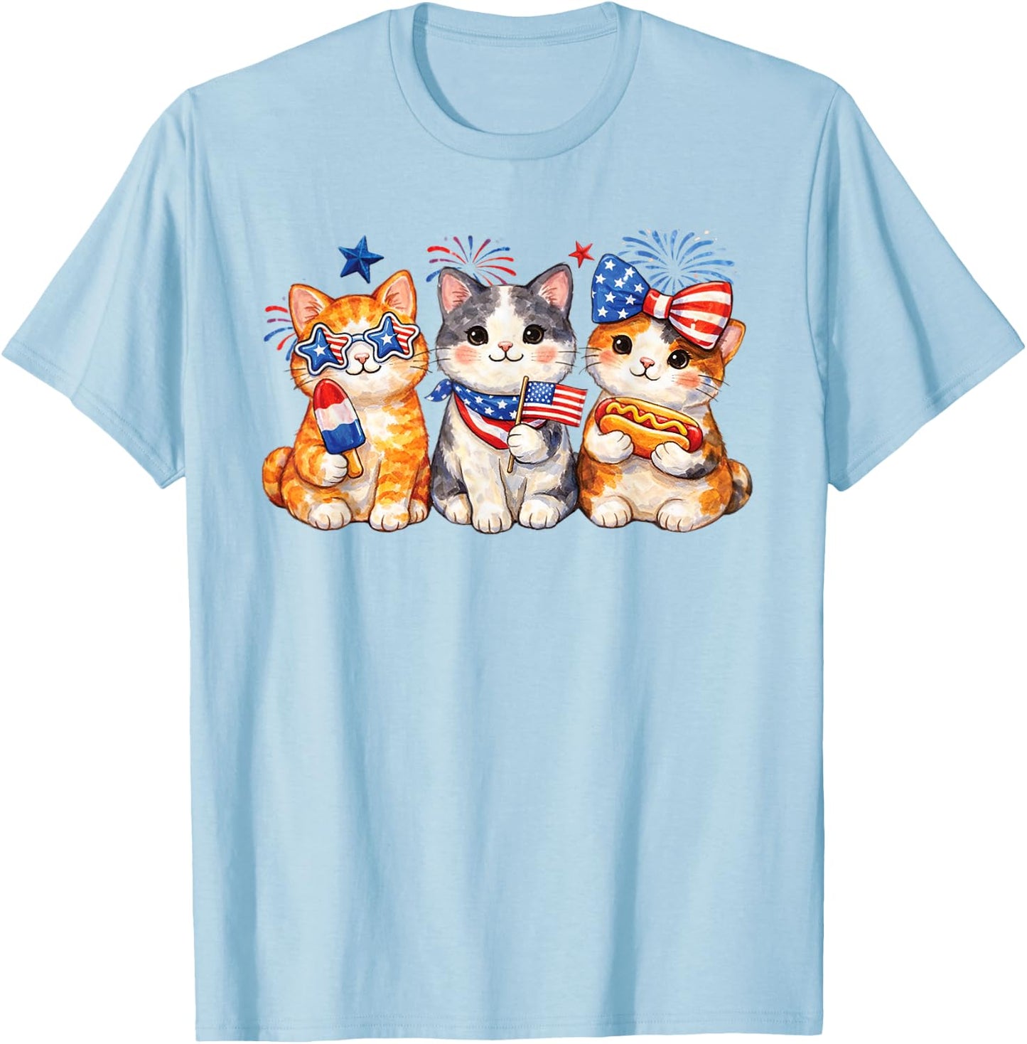 Patriotic Cat Trio Fourth of July Cute Kitten USA Graphic T-Shirt - T-Shirt | Light Blue