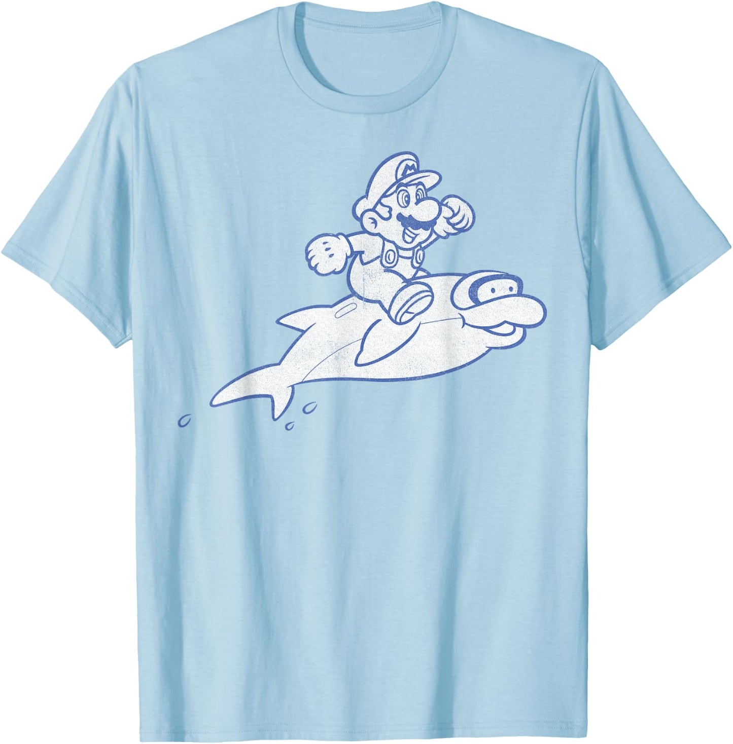Super Mario Retro Dolphin Ride Outline Graphic T-Shirt - T-Shirt | Light Blue
