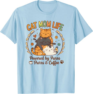 Cat, Mom, Life, Powered Purrs and Coffee Cute Stacked Kit T-Shirt - T-Shirt | Light Blue