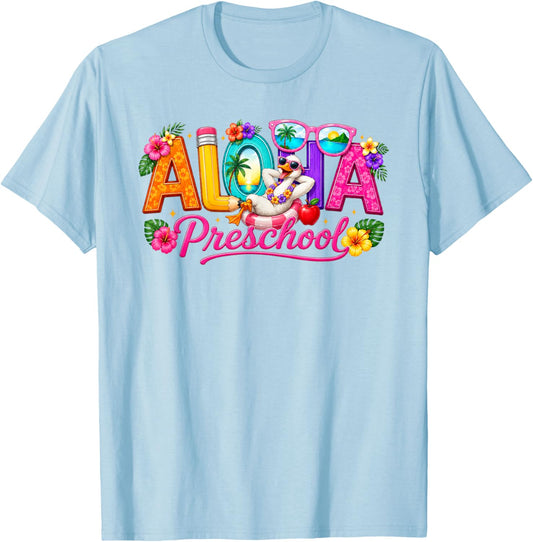 Aloha Preschool Tropical Floral Silly Goose Back to School T-Shirt - T-Shirt | Light Blue