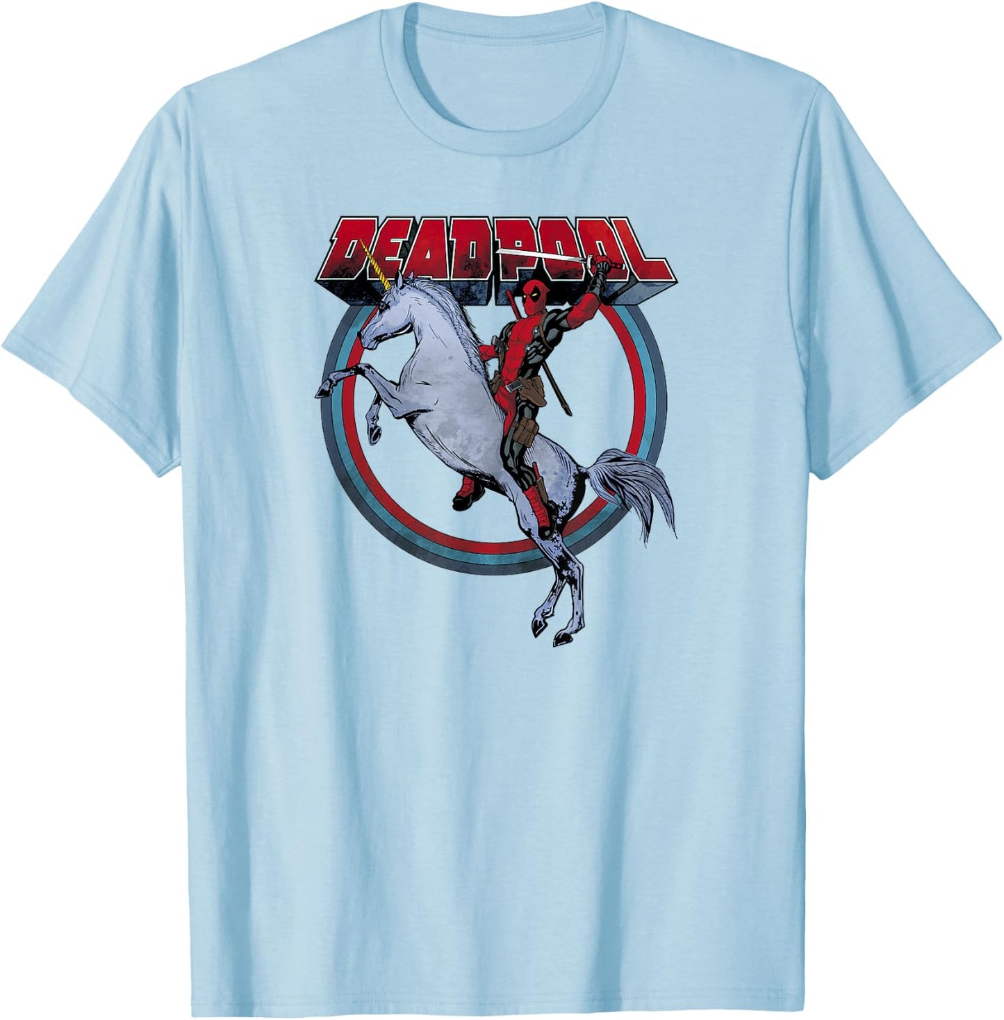 Marvel Deadpool Riding A Unicorn Circle Graphic C2 T-Shirt - T-Shirt | Light Blue