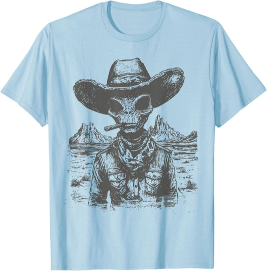 Vintage Cowboy Alien Western Shirt - Cowboy Alien T-Shirt - T-Shirt | Light Blue