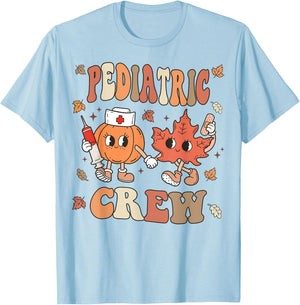 Retro Fall Pediatric Nurse Crew Thanksgiving Peds Nurse T-Shirt - T-Shirt | Light Blue