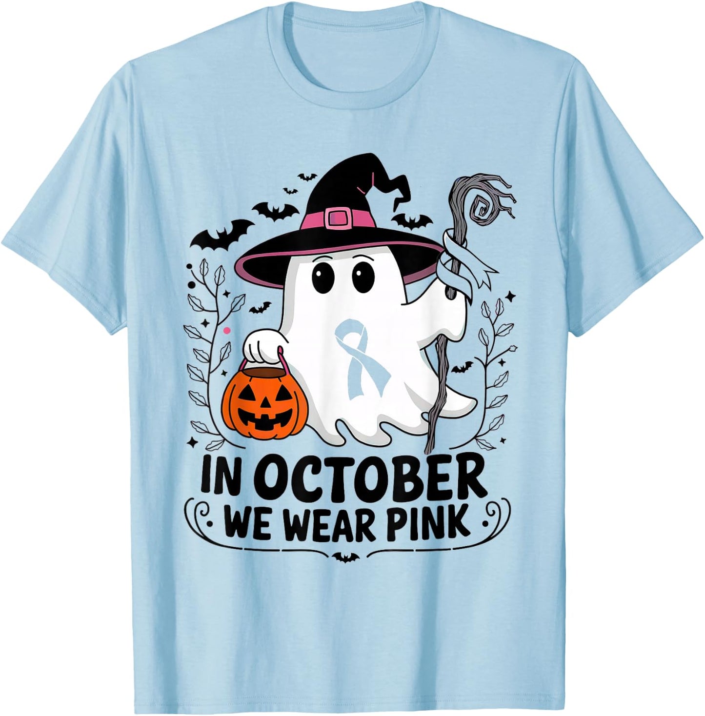 In October We Wear Pink Breast Cancer Awareness Halloween T-Shirt - T-Shirt | Light Blue