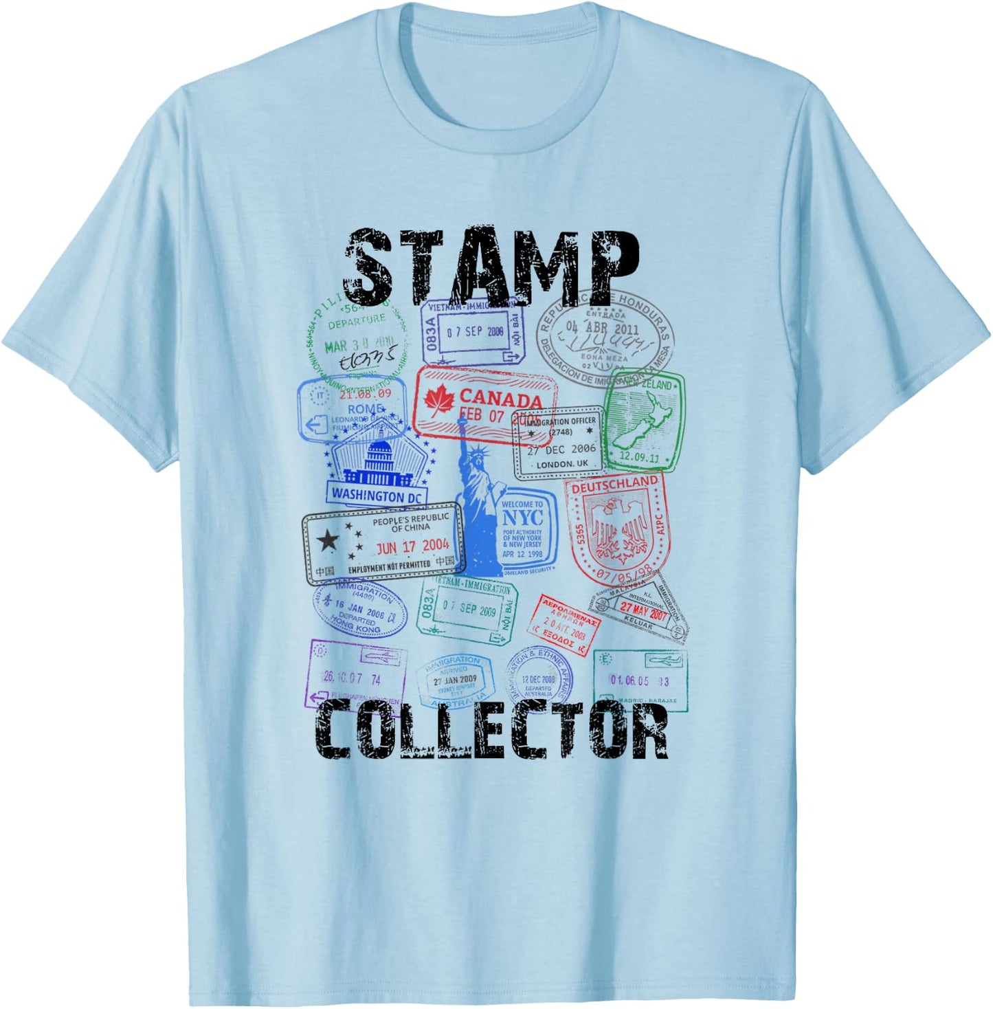 Passport Stamps Shirt Travel Vacation T-Shirt - T-Shirt | Light Blue