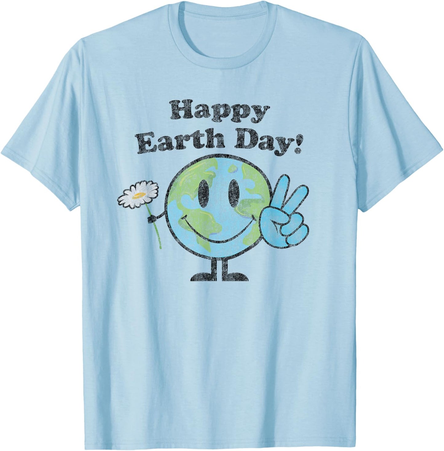 Happy Earth Day Cute Peace Sign Flower Distressed T-Shirt - T-Shirt | Light Blue