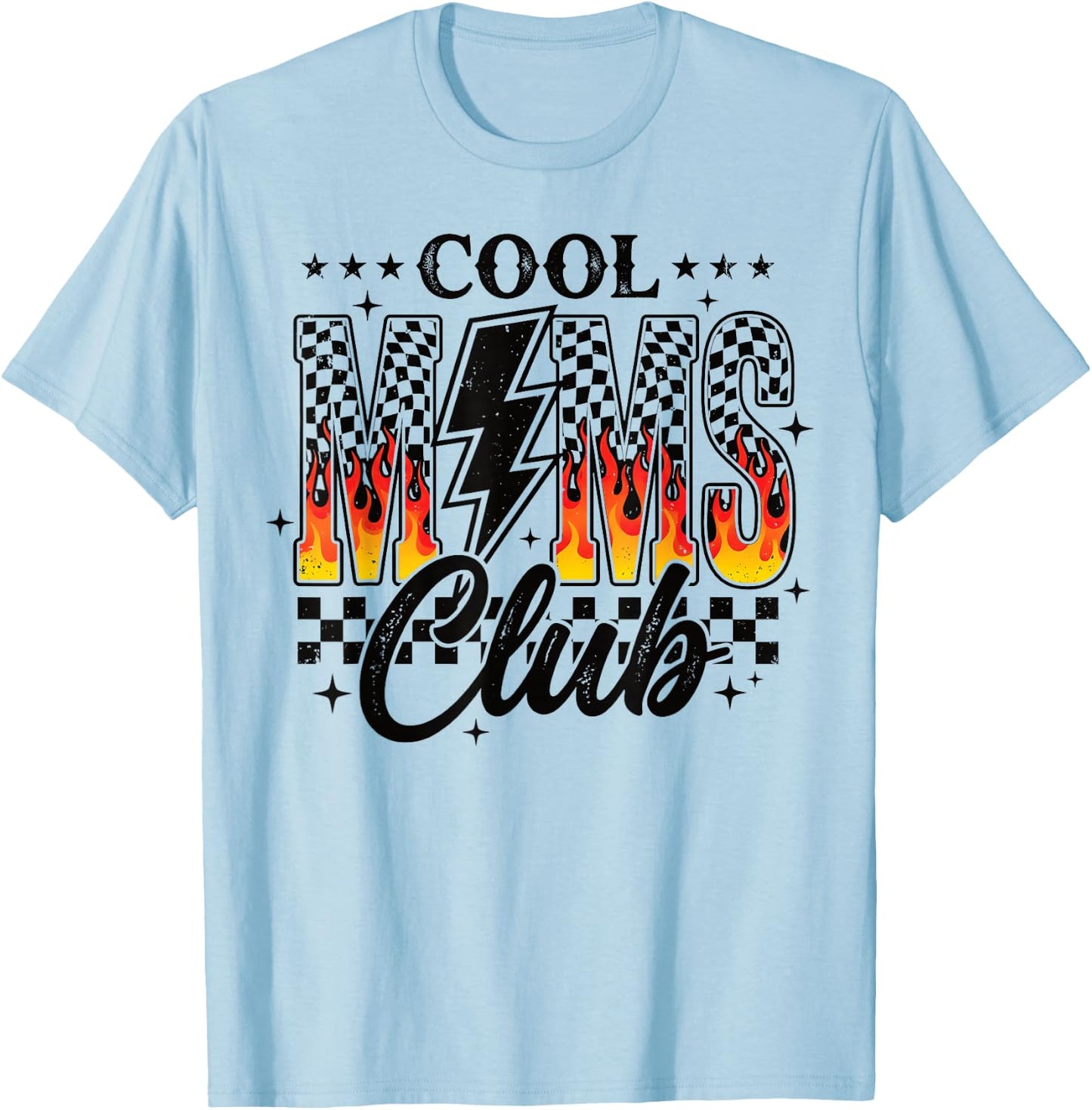 Cool Moms Club Checkered Lightning Flame Retro Trendy Mom T-Shirt - T-Shirt | Light Blue