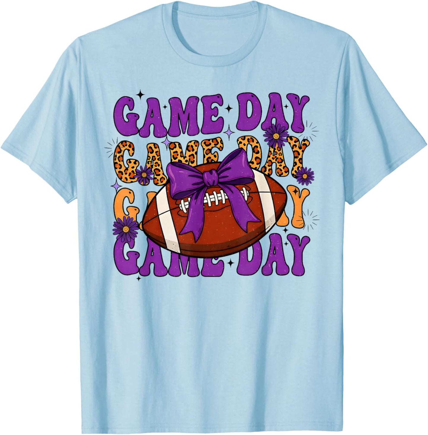 Purple Leopard Game Day Football Bow Touchdown Season T-Shirt - T-Shirt | Light Blue