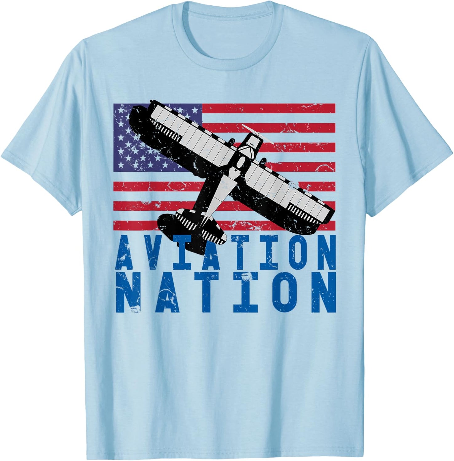 Aviation Nation Distressed Patriotic Flying Pilot T-Shirt - T-Shirt | Light Blue