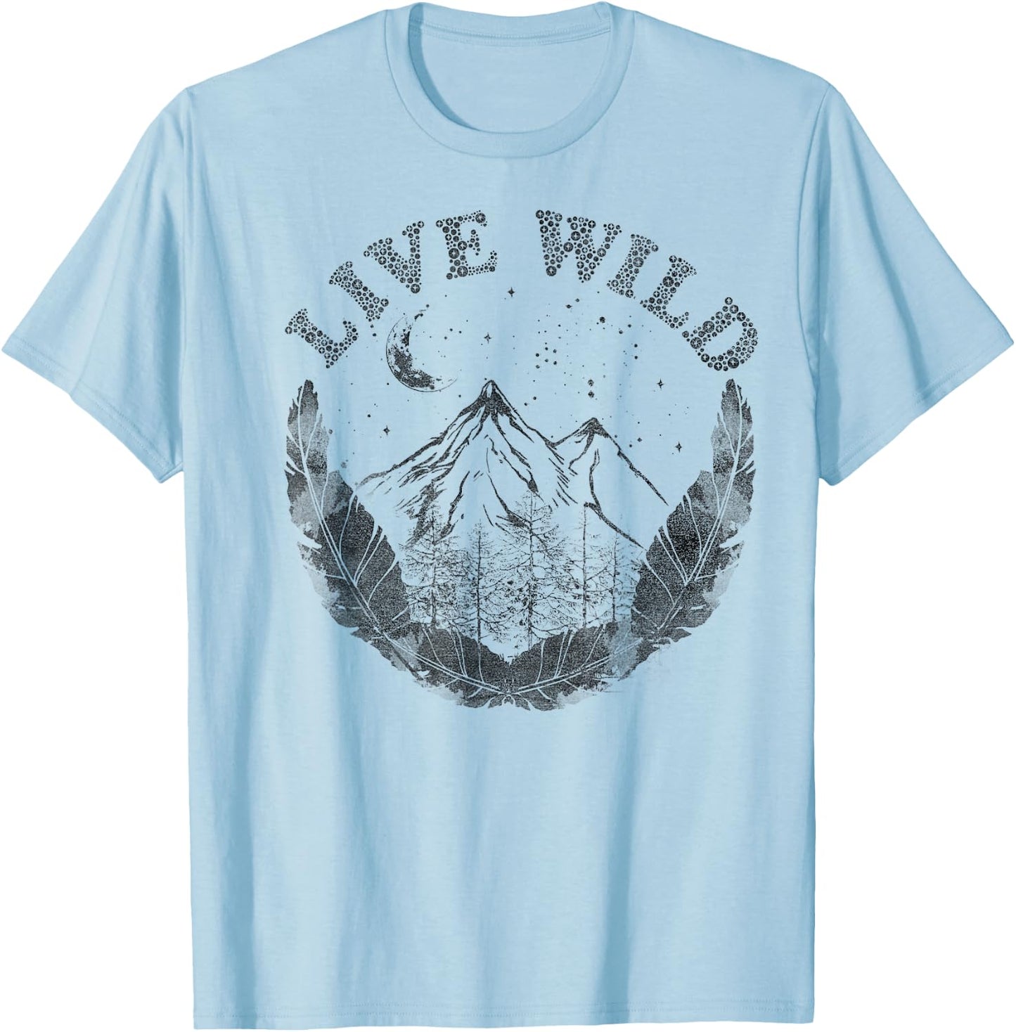 Live Wild Mountain And Feathers Sketch T-Shirt - T-Shirt | Light Blue