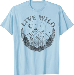Live Wild Mountain And Feathers Sketch T-Shirt - T-Shirt | Light Blue