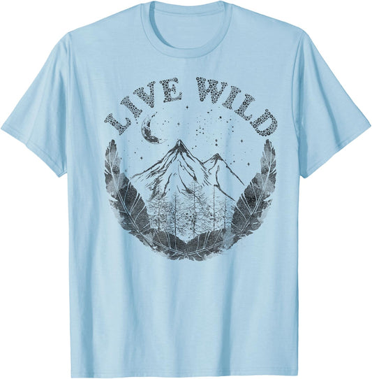 Live Wild Mountain And Feathers Sketch T-Shirt - T-Shirt | Light Blue