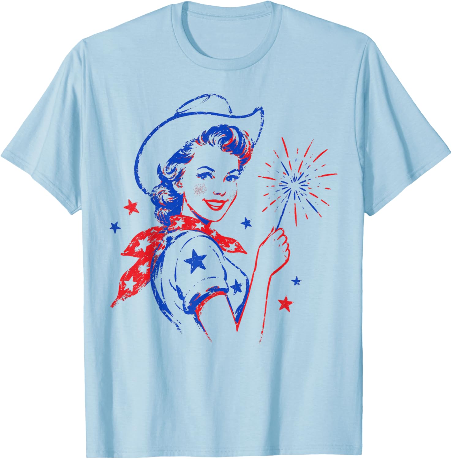 Retro Patriotic Cowgirl Vintage Americana T-Shirt - T-Shirt | Light Blue