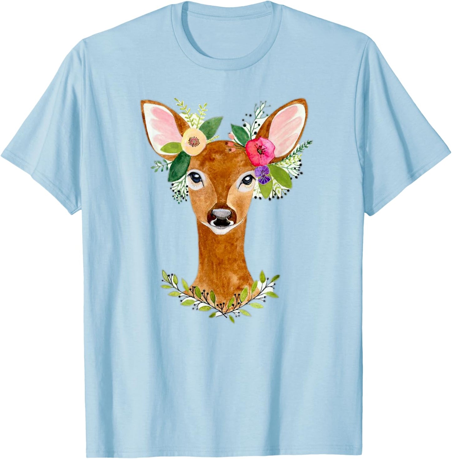 Lovely Doe Boho Nature Floral Art Deer Artwork T-Shirt - T-Shirt | Light Blue