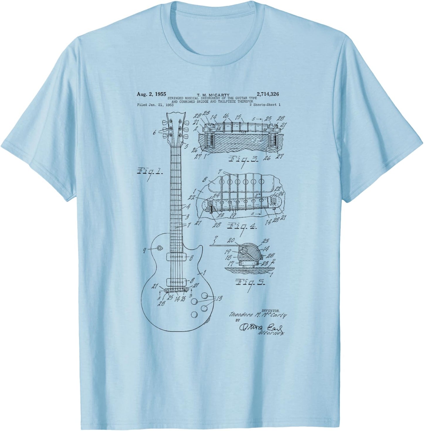Classic Vintage Patent Print 1955 Rock Guitar Gift T-Shirt - T-Shirt | Light Blue