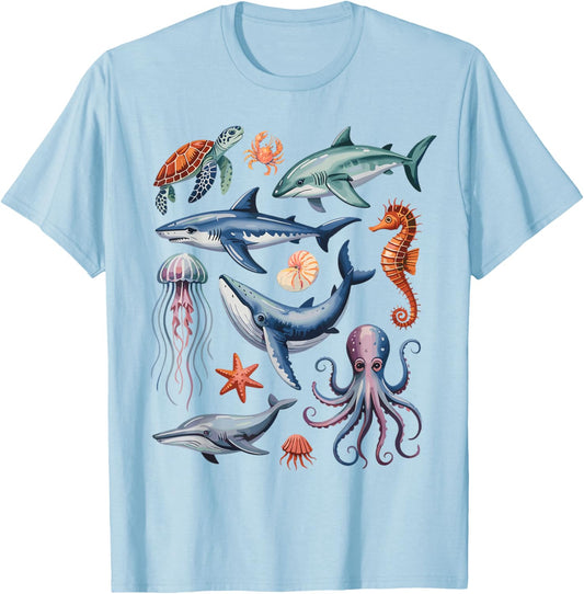 Ocean Life Sea Creatures Collage Kids Marine Animals Shark T-Shirt - T-Shirt | Light Blue