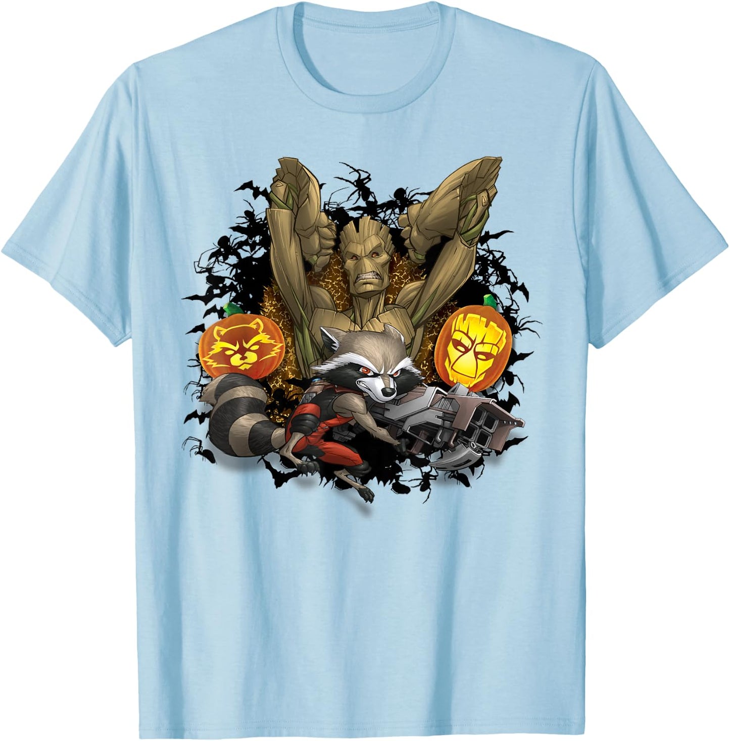 Marvel Groot and Rocket Raccoon Jack-o'-Lantern Halloween T-Shirt - T-Shirt | Light Blue